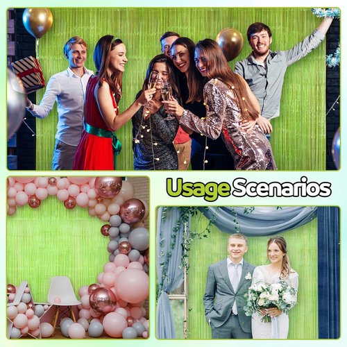 Fanfanwin Neon Green Streamers - 2 Pcs Foil Fringe Tinsel Backdrop Curtains for Parties | 3.28 x 8.2 ft