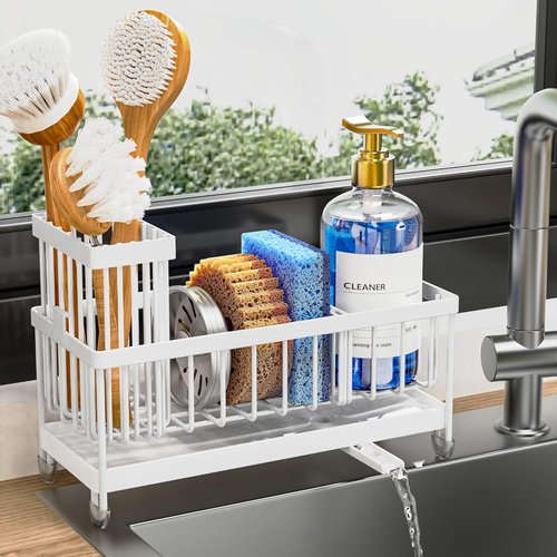 Cisily Kitchen Sink Caddy Organizer - Rustproof 304 Stainless Steel Sponge Holder | White, 9.25”