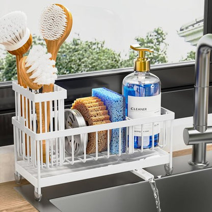 Cisily Kitchen Sink Caddy Organizer - Rustproof 304 Stainless Steel Sponge Holder | White, 9.25”