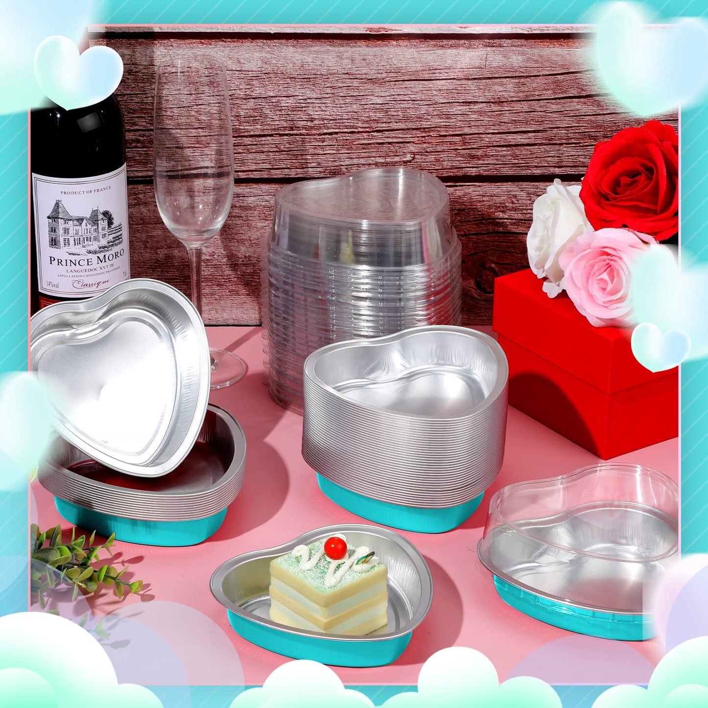 Yinkin 50 Set 9 oz Mother's Day Heart Shaped Cake Pans 5.4 Inch Heart Aluminum Foil Cupcake Pans with Lids Disposable Dessert Baking Cups Pans for Mother Valentine Wedding Birthday Muffin Pie(Blue)