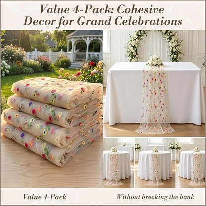 Champagne Floral Embroidered Table Runners 4 Pack 10ft - Boho Daisy Tulle Wedding Décor (Variation: Champagne+Champagne Floral – 4 Pack)