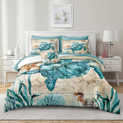 Merryword 8 Pieces Blue Green Comforter Set California King Size Ocean Life Bed in a Bag Turtle Beach Bedding Set Hawaii Style Summer Lightweight Bedding Comforter Set