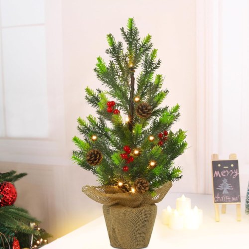 Juegoal 24-Inch Pre-Lit Christmas Pine Tree - Warm White Fairy Lights | Small Tabletop Decor with Burlap Base