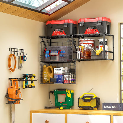ThreeHio Garage Shelf - Heavy Duty Wall Mounted Storage with Wire Baskets & Tool Rack | Organizer for Home & Garden