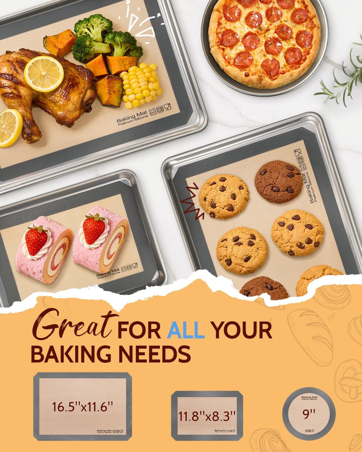 Sopito Silicone Baking Mat - Non-Stick, Food Safe & Reusable | 5-Piece Set for Half & Quarter Sheet Trays, Grey