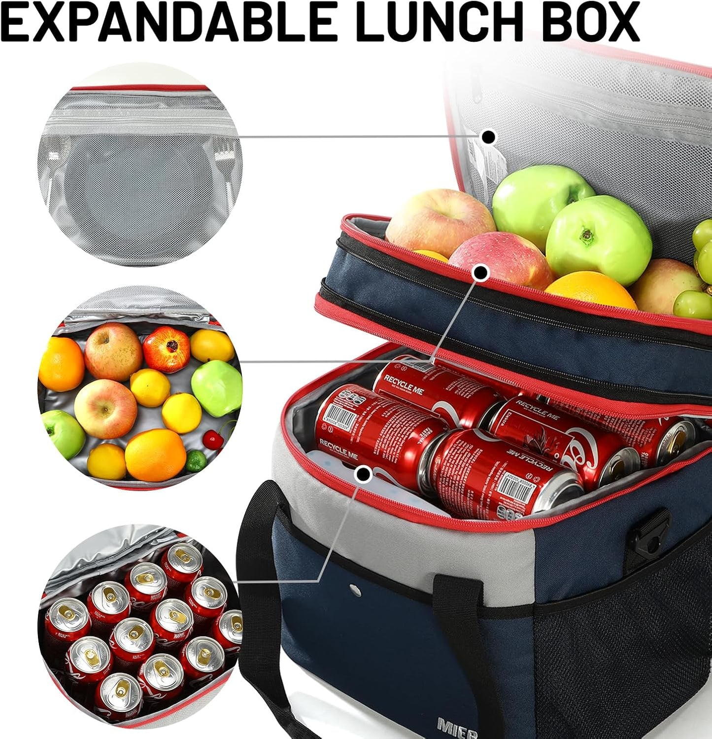 MIER Expandable 24L Lunch Bag - Double Layer Insulated Cooler Tote for Work & Travel | Navy Blue