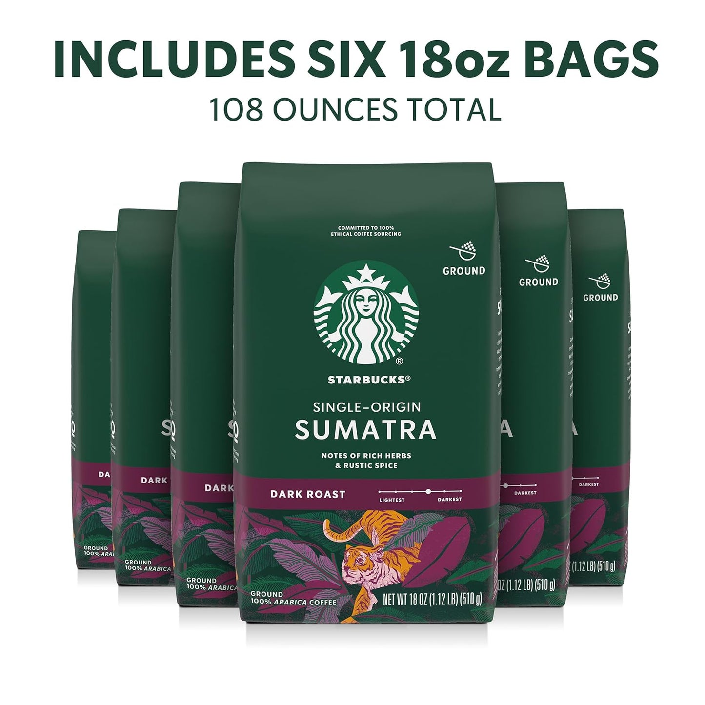 Starbucks Ground Coffee - Dark Roast Single-Origin Sumatra | Six 18 oz Bags for Hot or Iced Brew