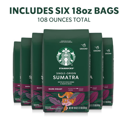 Starbucks Ground Coffee - Dark Roast Single-Origin Sumatra | Six 18 oz Bags for Hot or Iced Brew