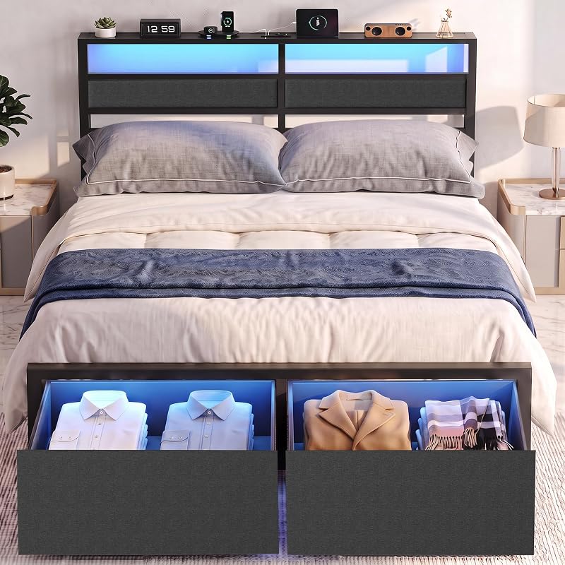 Full Size Bed Frame with Storage Drawers, Headboard Lights & USB-C Charging