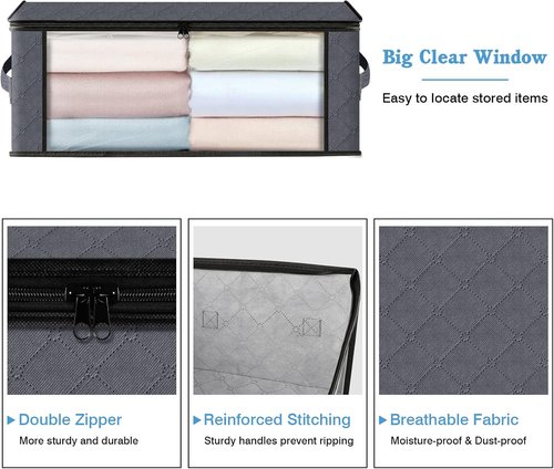HomeHacks Clothes Organizer Storage Bags - Foldable 35L Box with Clear Window & Sturdy Handles | Gray