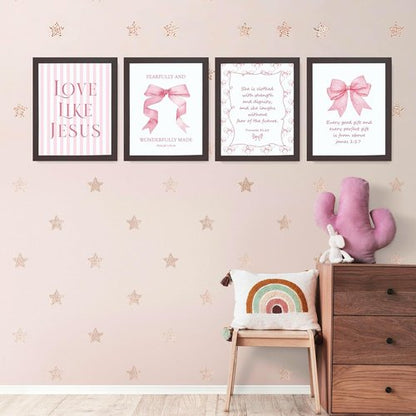 LARTSFRO Coquette Pink Bow Wall Art Decor - Inspirational Bible Verses | Set of 4, 10x8 Inch for Teen Girls