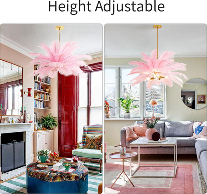 NZV Pink Feather Chandelier - Romantic Pendant Light for Girls' Room | 23.6in Ostrich Feathers, E14 Base
