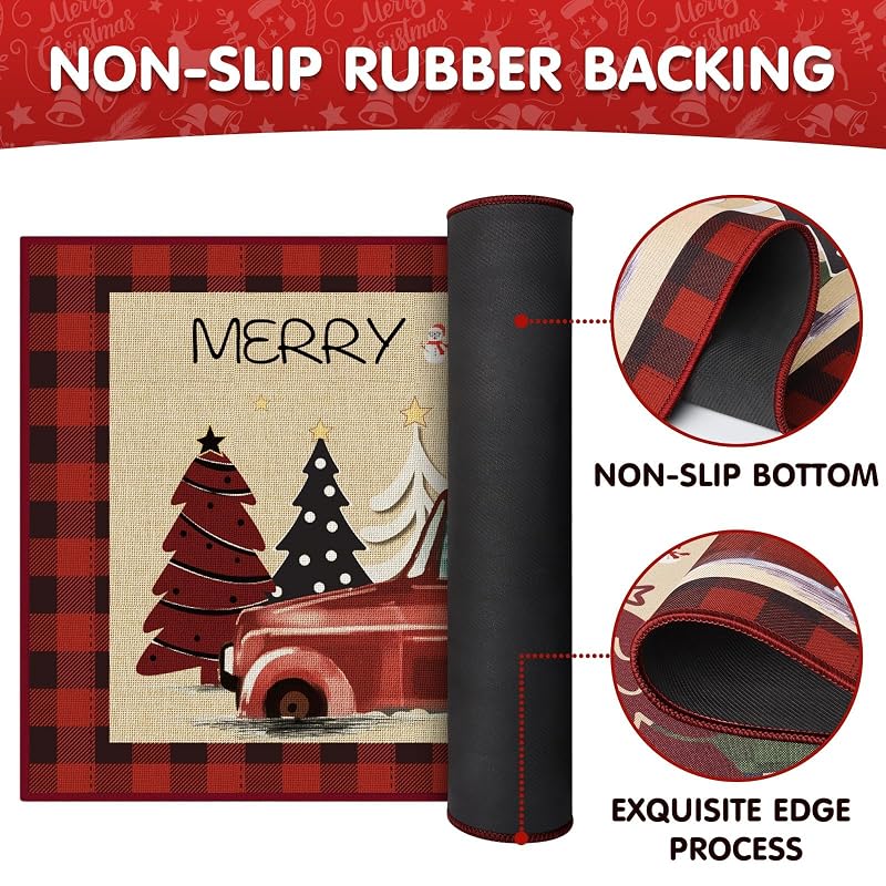 Christmas Kitchen Floor Mats 2-Pack Non-Slip 17x30 & 17x47 Red with Tree Print - Holiday Rug Set