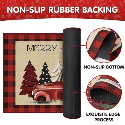 Christmas Kitchen Floor Mats 2-Pack Non-Slip 17x30 & 17x47 Red with Tree Print - Holiday Rug Set