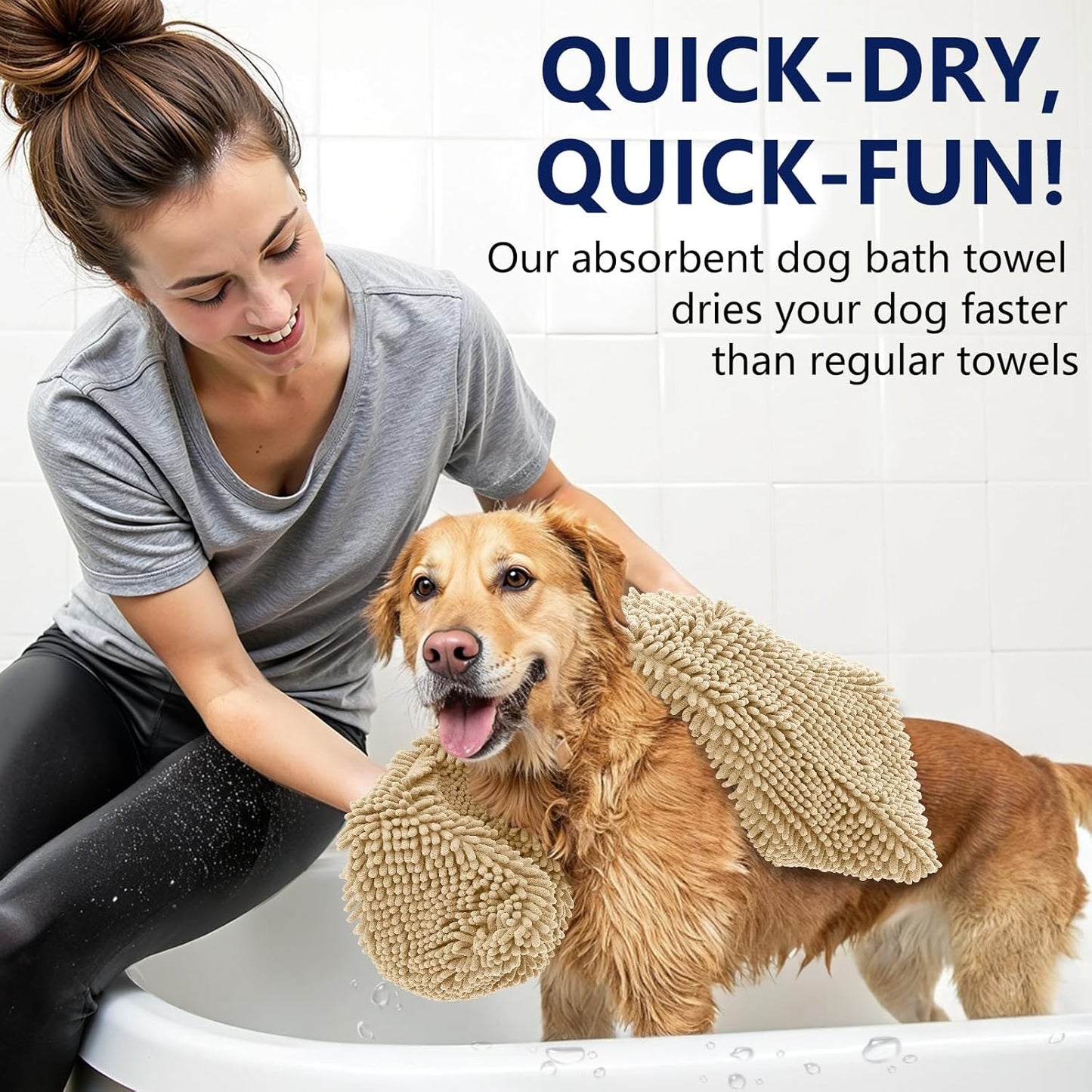 OLANLY Chenille Dog Bath Towel - Ultra Absorbent Quick Dry Plush Towel for Large Dogs & Puppies | 31x13, Beige