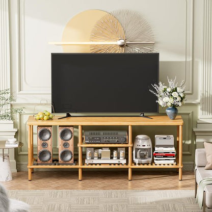 Amazer Bamboo TV Stand for 60 65 Inch TV, Entertainment Center with 3 Tier Open Storage Shelf, Wood TV Table for Living Room, Bedroom