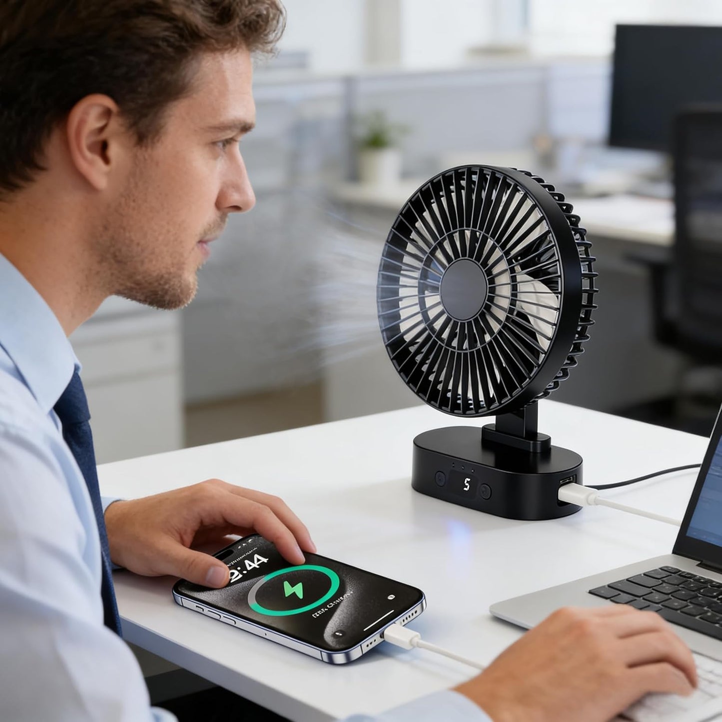 Skiennix USB Mini Desk Fan - 6-Inch, 5-Speed Adjustable Wind, Digital Display & 90-Degree Rotation | Black