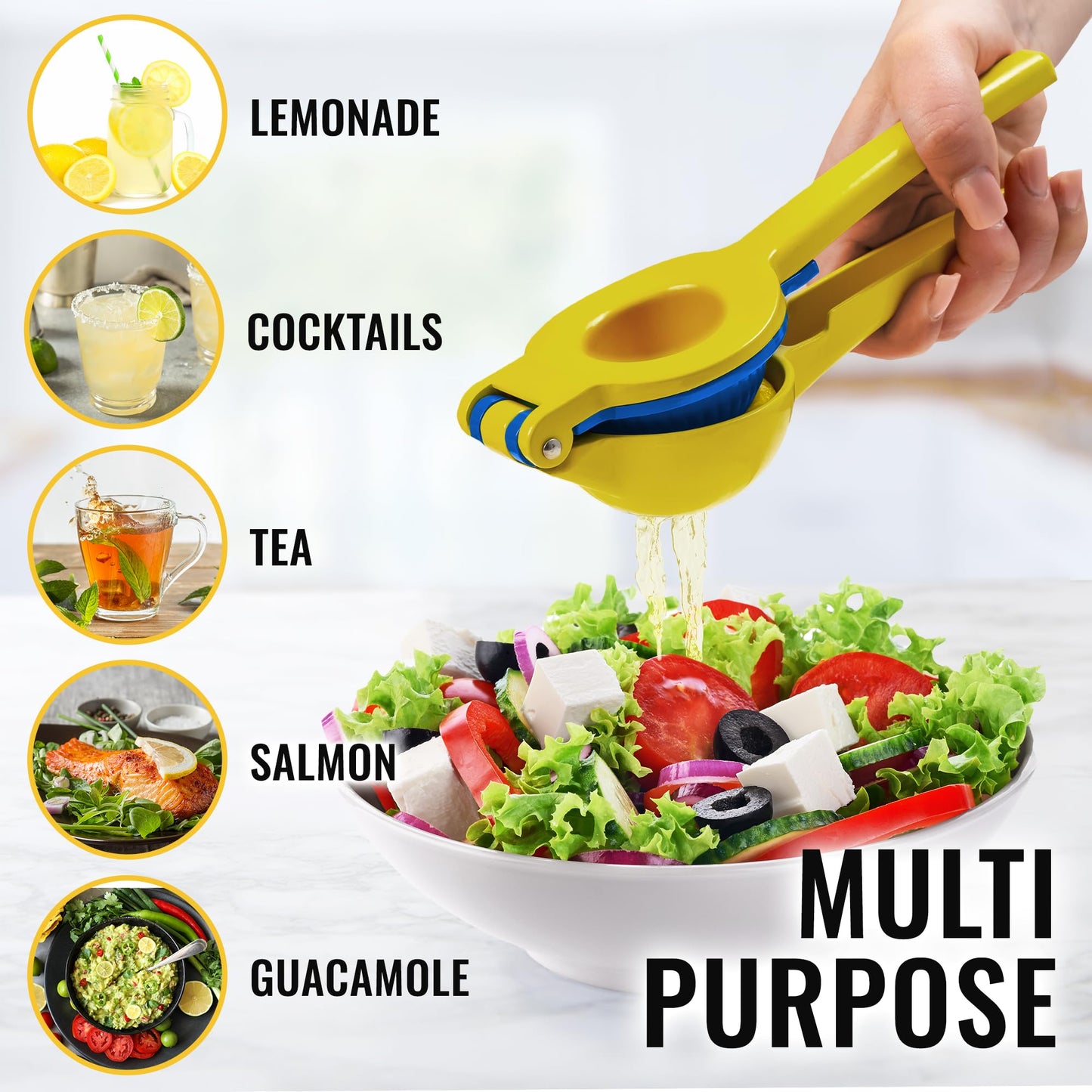 Zulay Metal 2-In-1 Lemon Squeezer Manual - Sturdy, Max Extraction Hand Juicer Lemon Squeezer Gets Every Last Drop - Easy to Clean Manual Citrus Juicer - Easy-to-Use Lemon Juicer Squeezer - Gold/Blue