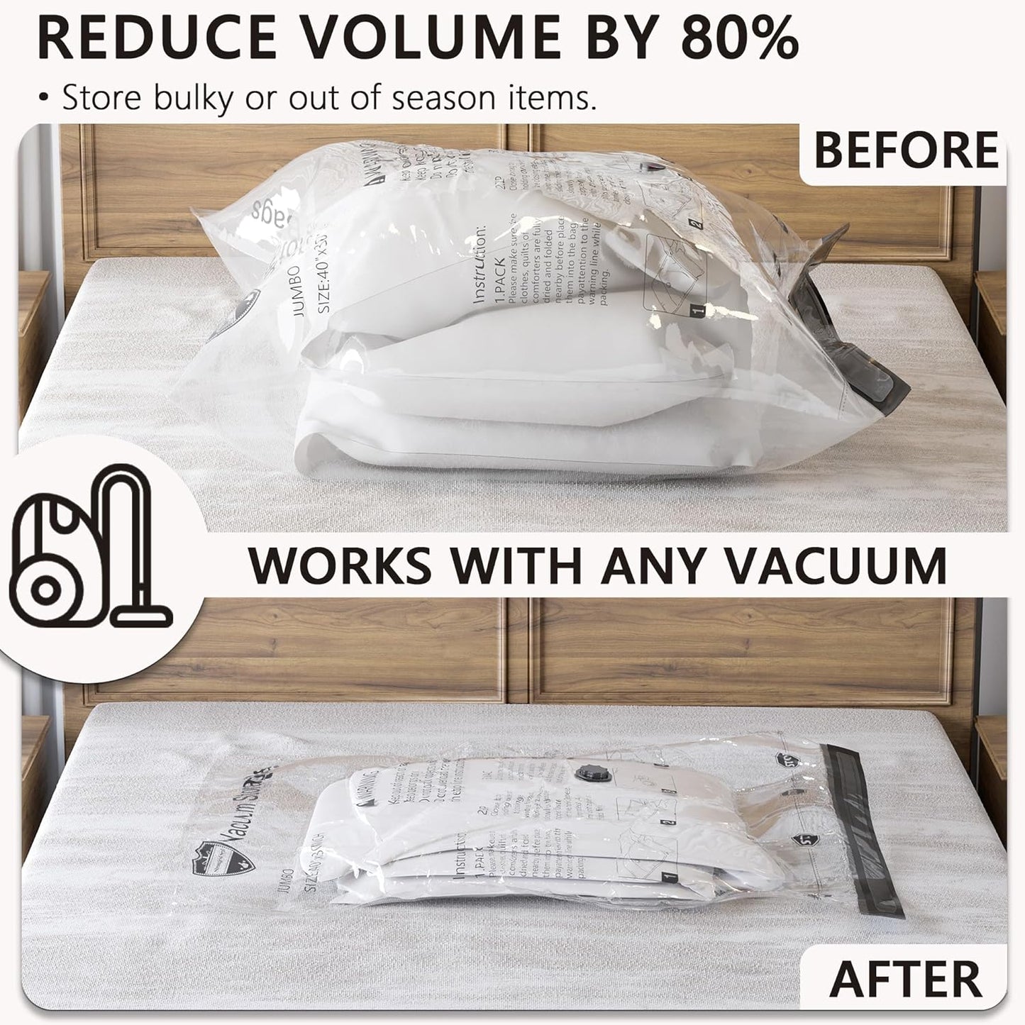 Skiennix Vacuum Storage Bags - Jumbo Compression Packing Bags for Clothing & Bedding | 8 Pack