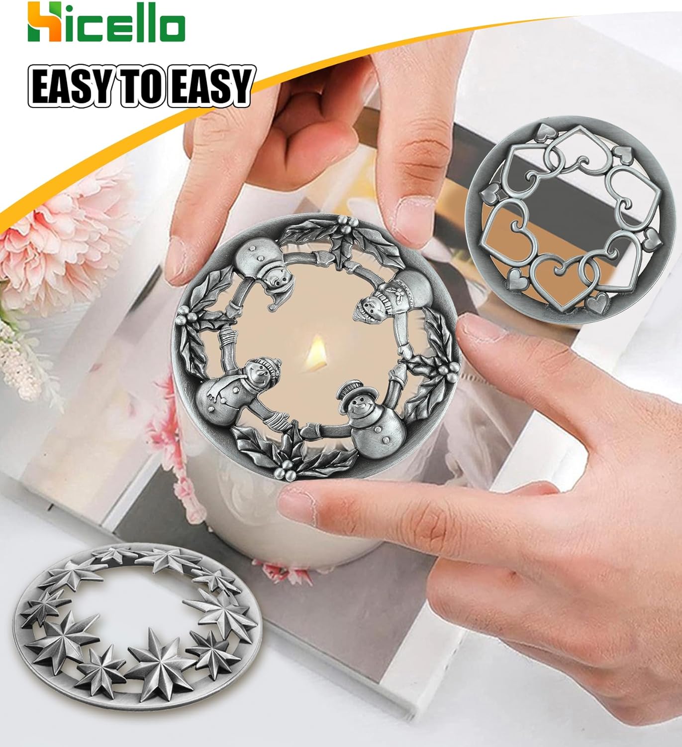 Skiennix Holiday Candle Toppers - Set of 3 Silver Metal Lids with Star, Heart & Snowman Designs | Fits 80mm Jars