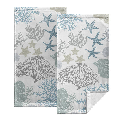 Nautical Blue Coral Hand Towels Set of 2 Coastal Seashell Starfish Kitchen Towels Summer Ocean Beach Theme Bath Towels Soft Absorbent Guest Fingertip Cotton Dish Towel for Bathroom,Face,Gym,Spa