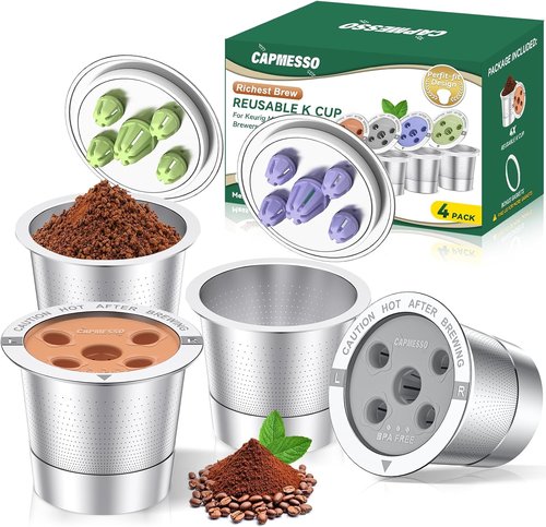 CAPMESSO Reusable K Cups - 2025 Updated Stainless Steel Coffee Pods for Keurig | 4 Pack with Multistream Technology