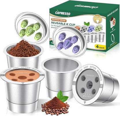 CAPMESSO Reusable K Cups - 2025 Updated Stainless Steel Coffee Pods for Keurig | 4 Pack with Multistream Technology