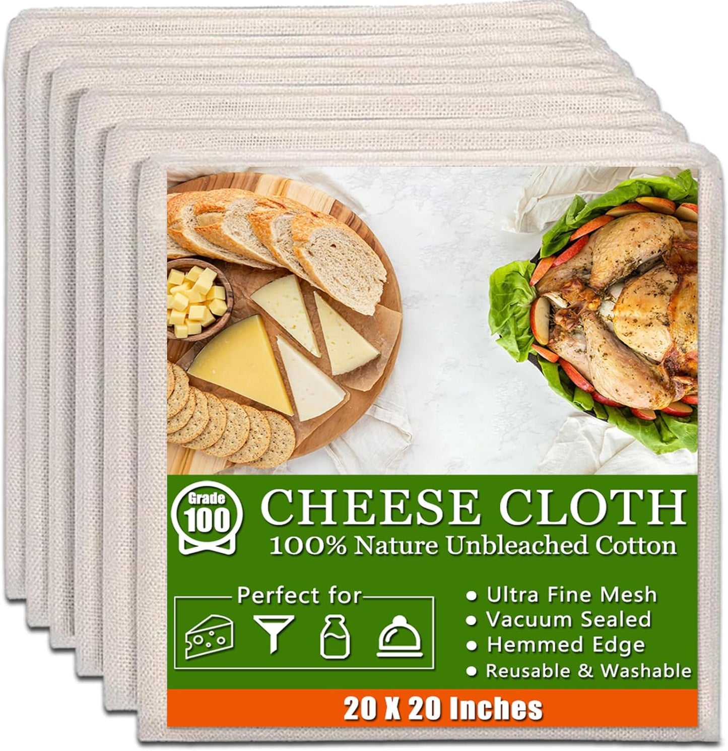 Skiennix Cheese Cloths - 100% Unbleached Cotton, 20x20 Inch, Reusable Fine Mesh for Straining & Cooking
