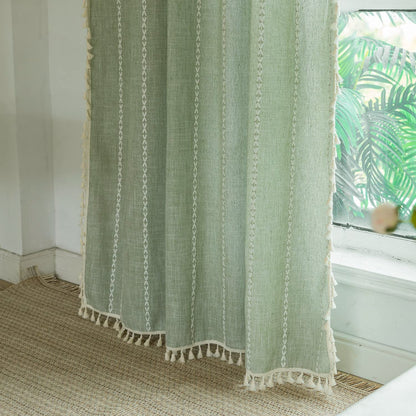 Deeprove Green Boho Curtains 63 Inches Length for Bedroom Kitchen, Cotton Linen Stripes Embroidery Weighted, Bohemian Farmhouse Window Treatment Drape Tassels 1 Panel W52 x L63 Sage