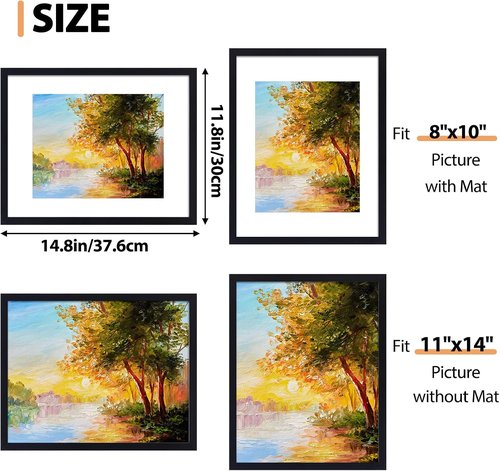 Fixwal 11x14 Picture Frame Set of 2 - Black Photo Frames for Wall & Tabletop Display | Includes Mats for 8x10 Photos