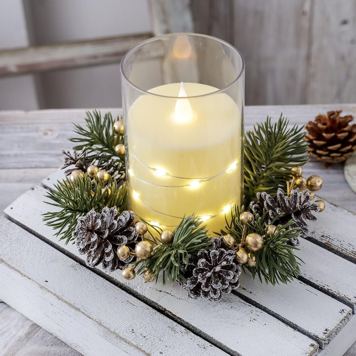 Regine Switzerland Christmas Candle Rings - Elegant Artificial Flower Wreaths with Gold Berries & Pinecones | Perfect Holiday Table Centerpieces
