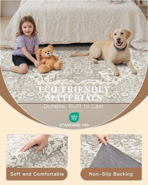 Madane Hallway Runner Rug - Vintage Washable Soft Non-Slip Indoor Carpet | 3x6 Beige/Brown
