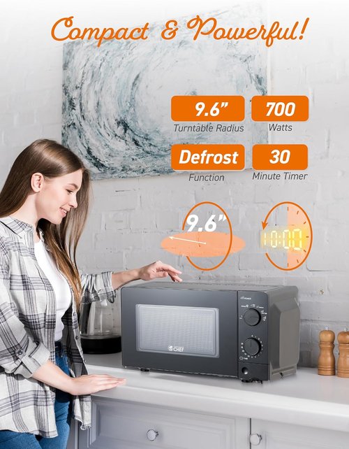 Commercial Chef 0.6 Cu. Ft. Countertop Microwave Oven - 700W Power, Mechanical Dial Controls, Black