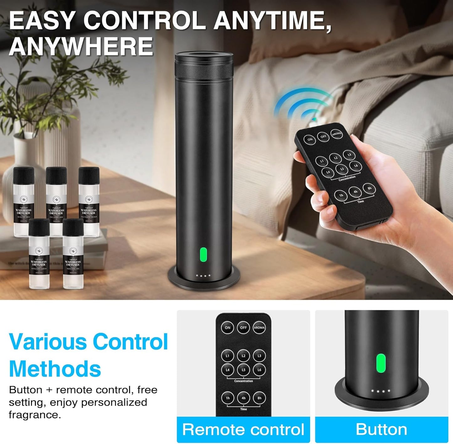 Skiennix Waterless Scent Diffuser Starter Kit - 800 Sq. In. Coverage with 5 Essential Oils & Remote Control