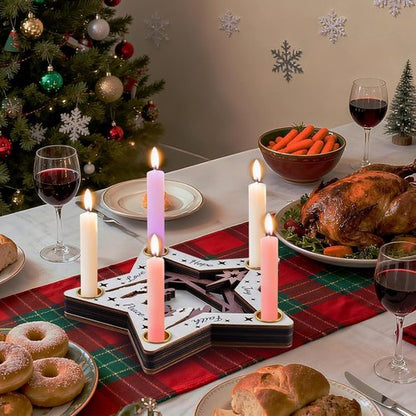 Advent Wreath Candle Holder - Wooden Nativity Scene with 5-Hole Star Design | Perfect Christian Table Centerpiece