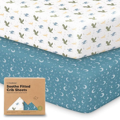 KeaBabies Organic Crib Sheets - 2-Pack Fitted Jersey Cotton for Baby Bed | Soft & Cute Dragon Tale Prints, 52x28