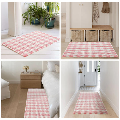 TYUU Waffle Runner Rug Bathroom, Long Boho Bathroom Rugs Non Slip Washable Absorbent Checkered Bathroom Mat Quick Dry Cute Bath Mat, 72"x24" Pink and White
