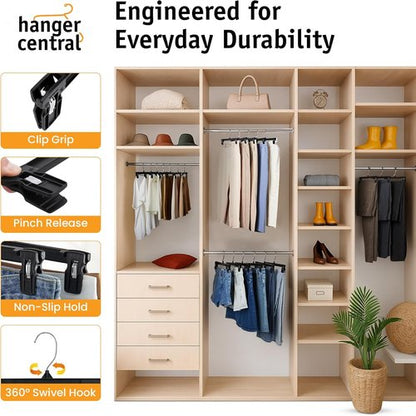 Hanger Central 30 Pack Pants Hangers - Heavy Duty Non-Slip Clips for Skirts & Pants - 10 Inch Black