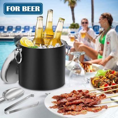 Ice Bucket with Lid & Tong- Well Made Insulated Stainless Steel Keep Ice Frozen Longer - Ideal for Cocktail Bar, Parties, Chilling Wine, Champagne - 3 Liter (Black)