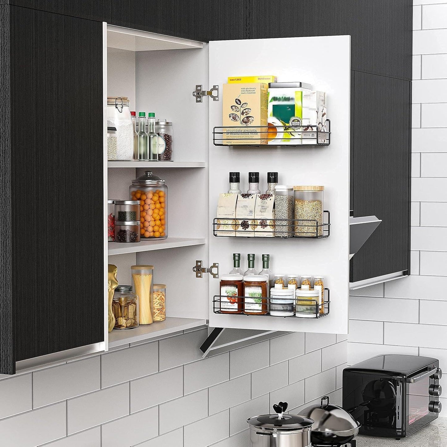 Moforoco Spice Rack Organizer - Wall-Mounted 6-Pack Black Shelves for Kitchen Storage & Decor