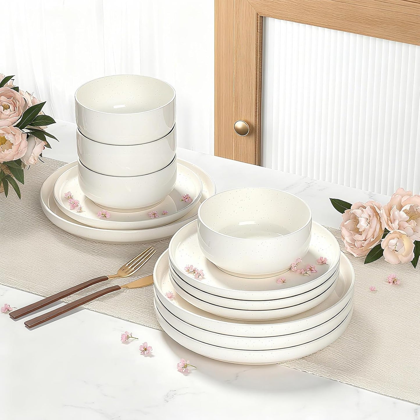 Skiennix Dinnerware Set - 12-Piece Scratch Resistant Plates & Bowls for 4 | Ceramic, Microwave & Dishwasher Safe, Cream White