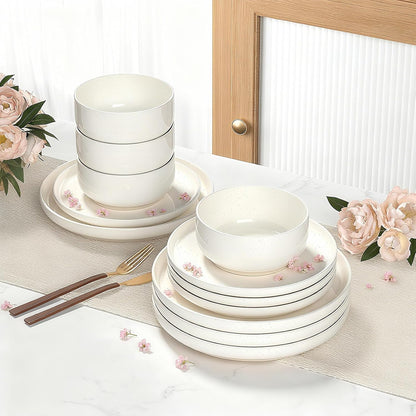 Skiennix Dinnerware Set - 12-Piece Scratch Resistant Plates & Bowls for 4 | Ceramic, Microwave & Dishwasher Safe, Cream White