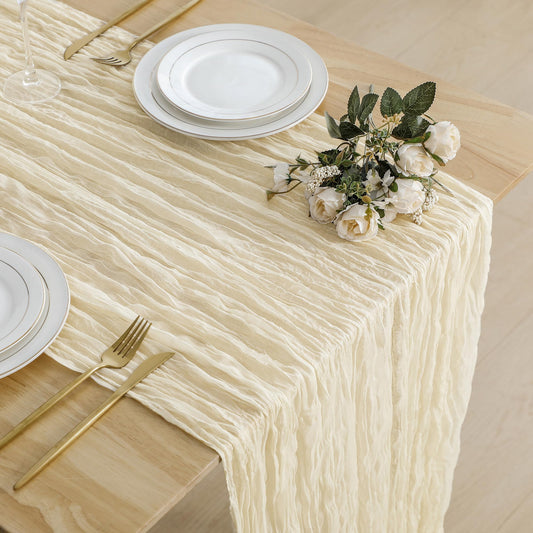 ButterMelt 4 Pack Beige 10ft Cheesecloth Table Runner, Boho 35x120 Inch Long, Gauze Table Runner Decor for Baby Shower Bridal Shower or Wedding Party