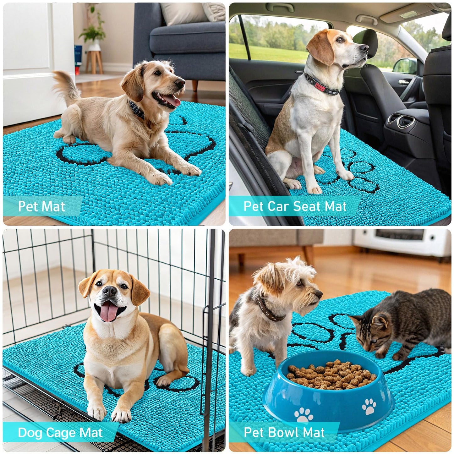 OLANLY Dog Door Mat for Muddy Paws 30x20, Paw Print Design, Absorbs Moisture and Dirt, Absorbent Non-Slip Washable Doormat, Quick Dry Chenille Mud Mat for Dogs, Entry Indoor Entryway Carpet, Aqua Blue