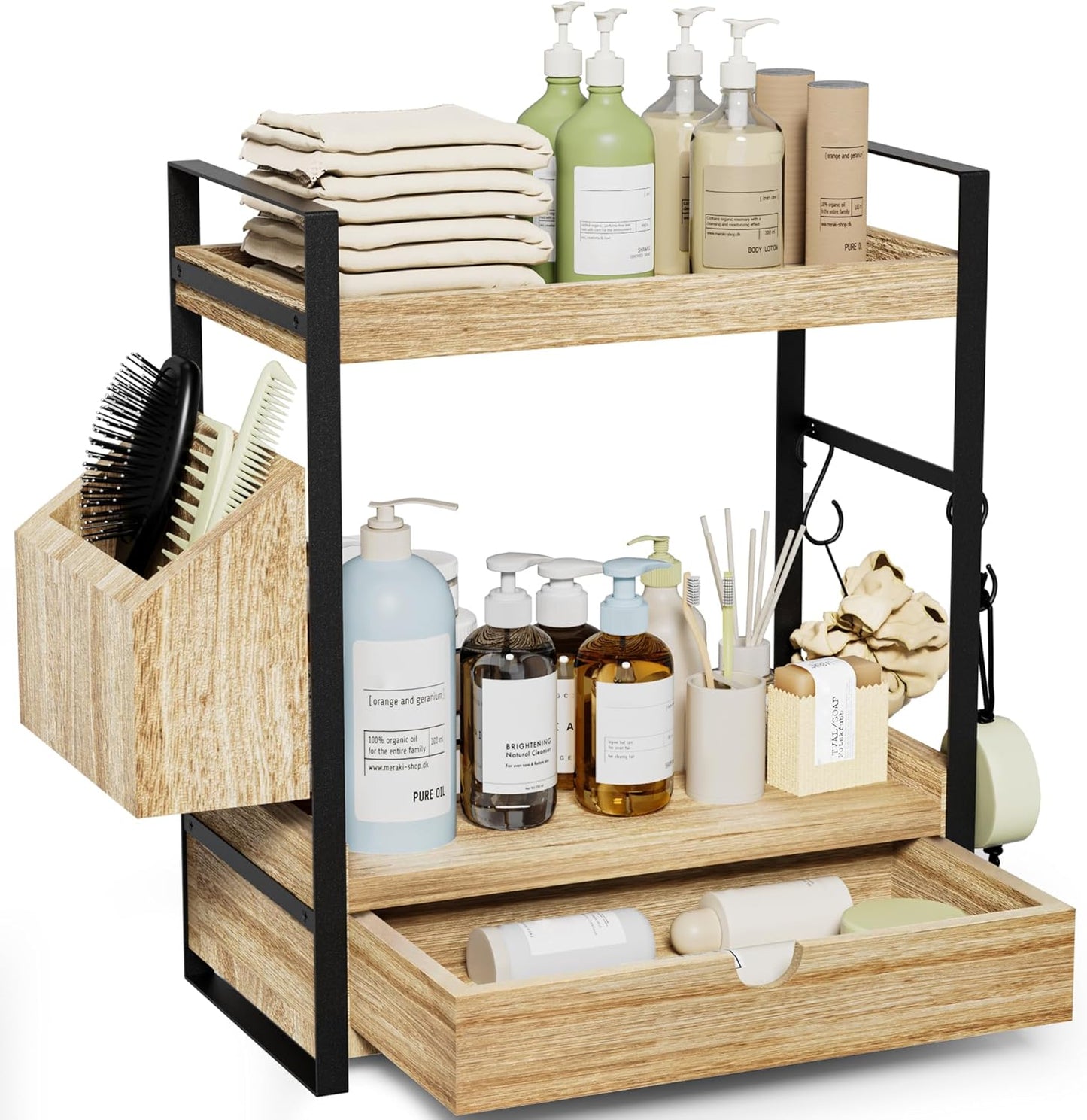 Skiennix 2-Tier Bathroom Counter Organizer - Wood Vanity Storage with Drawer & Basket