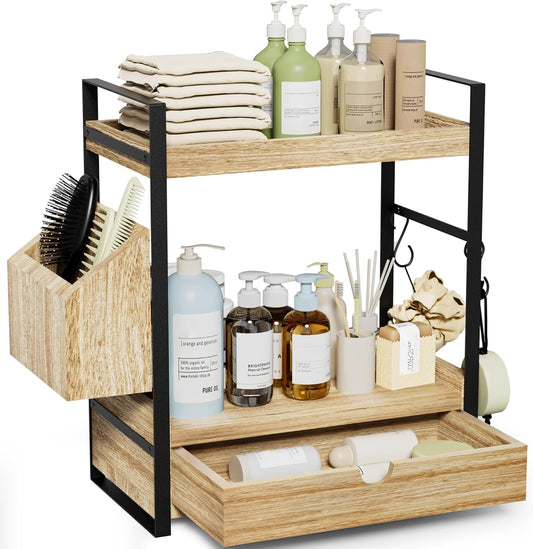 Skiennix 2-Tier Bathroom Counter Organizer - Wood Vanity Storage with Drawer & Basket