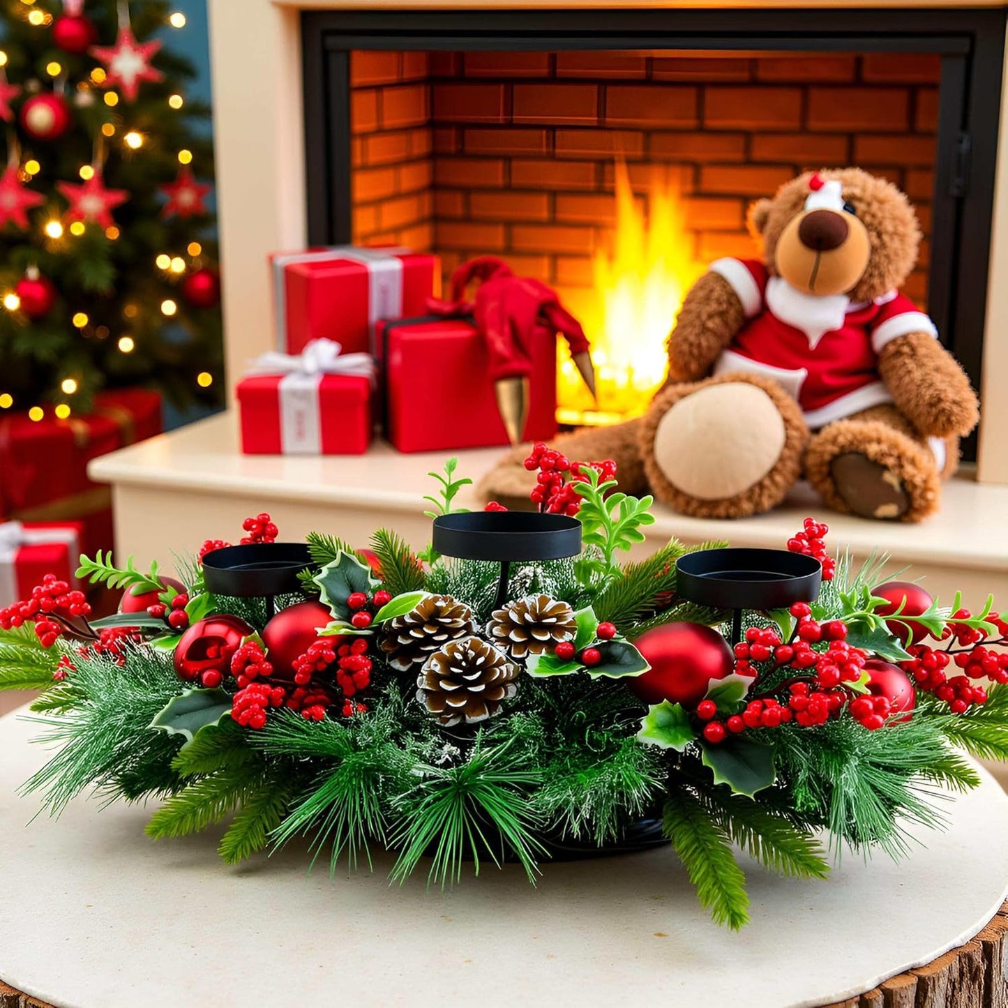 YULETIME Christmas Triple Candelabrum - Holiday Candle Holder with Red Baubles & Natural Pine Decor