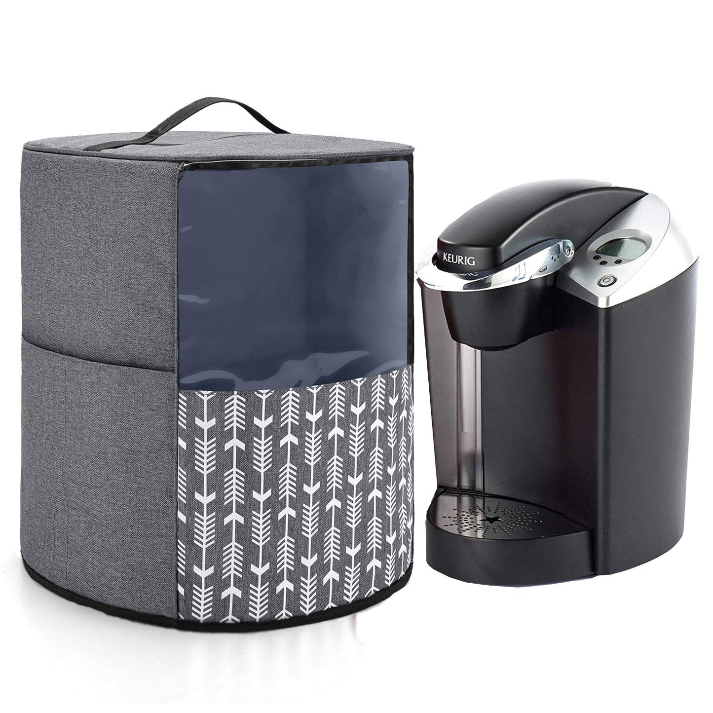 Yarwo Coffee Maker Dust Cover Compatible with Keurig K-Classic and K-Select, Visible Coffee Machine Cover with Pockets and Top Handle, Gray with Arrow