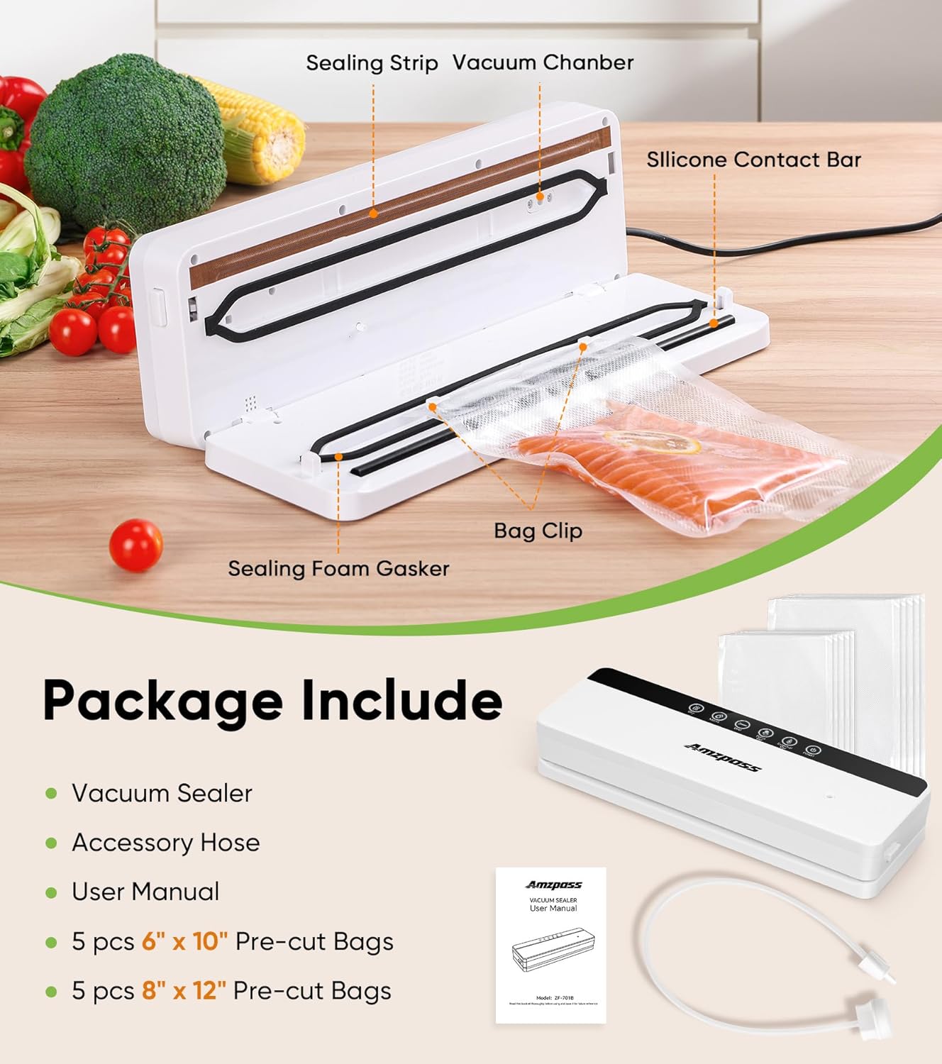 Skiennix Vacuum Sealer - 6-in-1 Food Preservation Machine with 80kpa Suction Power | Compact Design & 10 Bags Included