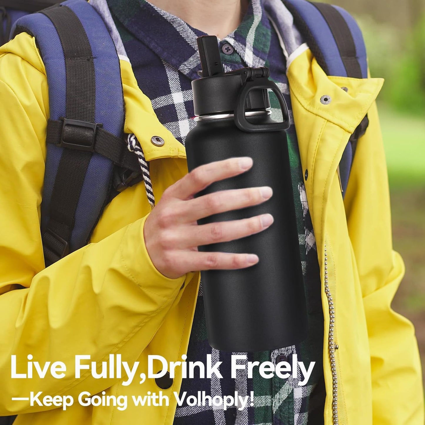 Volhoply 32 oz Insulated Water Bottles - 4 Pack with Straw & Spout Lids | Stainless Steel, Leakproof Design for Hiking & Camping